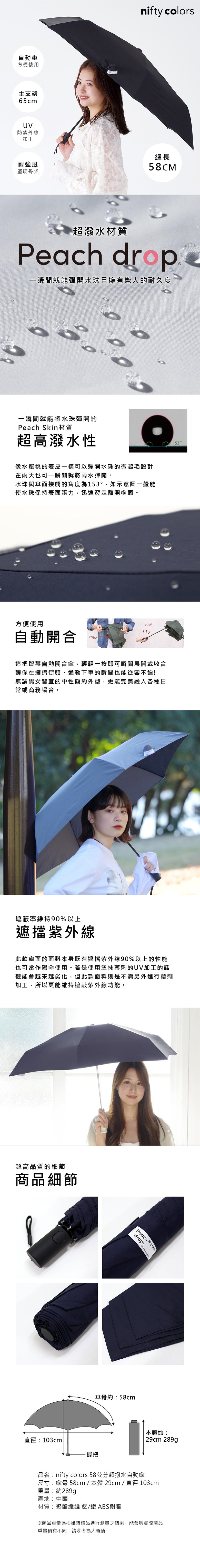 nifty colors｜58公分 超潑水自動傘-灰