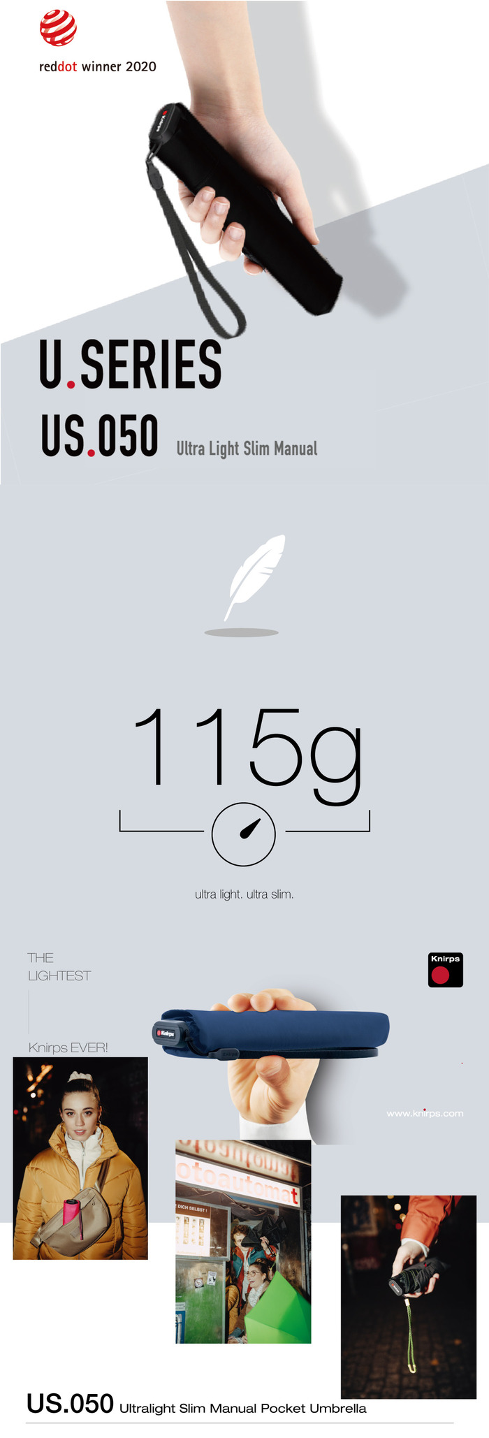 (複製)Knirps®德國紅點傘|US.050 極致輕量黑膠防曬手動傘-Black