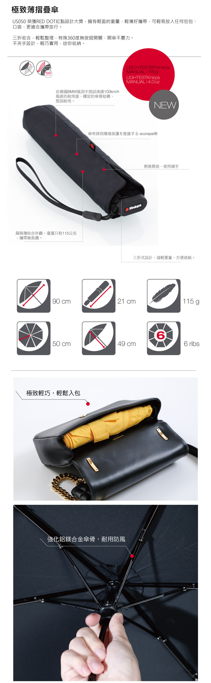 (複製)Knirps®德國紅點傘|US.050 極致輕量黑膠防曬手動傘-Black